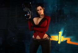 1girls 3d 3d_(artwork) alternate_breast_size arms_under_breasts black_hair breasts_bigger_than_head cleavage clothed clothed_female curvy curvy_female curvy_figure elexis_sinclaire female female_only female_solo green_eyes gun hips holding_gun holding_object holding_weapon hourglass_figure huge_breasts looking_at_viewer midriff midriff_baring_shirt necklace sin_(game) slim_waist solo solo_female thin_waist top_heavy top_heavy_breasts vaako weapon wide_hips