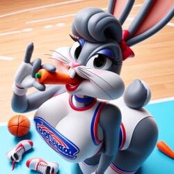 after_transformation ai_generated basketball basketball_uniform bedroom_eyes bent_over big_breasts bimbofication bimbofied bow bugs_bunny carrot cheerleader curvaceous edited looking_up looney_tunes makeup mtf_transformation rule_63 seductive_pose space_jams stockings