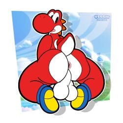 1:1 absurd_res anthro anthro_only anus ass backsack balls big_balls big_butt clothing dinosaur footwear footwear_only genitals hi_res kneeling looking_back male_only mario_(series) mostly_nude nintendo open_mouth pink_anus raised_tail red_body red_scales red_yoshi reptile scales scalie shoes shoes_only solo super_mario_bros._wonder tail thick_thighs veggieafterdark white_body white_scales wide_hips yoshi yoshi_(character)