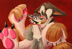 absurd_res acrylic_painting_(artwork) anthro ball ball_gag blush brown_body brown_fur bunnymutt canid canine collar duo eyes fur gag genitals grey_body grey_fur hi_res leash leash_pull leashed_collar macro male male/male mammal nipples orange_body orange_fur painting_(artwork) pawpads paws penis red_background simple_background size_difference tennis_ball traditional_media_(artwork) white_body white_fur