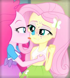 2girls animated areola areolae aroused bow breast_grab breast_squeeze breasts breasts_out butterfly_hair_ornament equestria_girls female_only fluttershy_(eg) friendship_is_magic green_eyes groping hasbro holding holding_breast icing jiggle licking my_little_pony no_sound pink_hair pinkie_pie_(eg) pony randomtriples skirt small_breasts sprinkles tagme tits video yuri