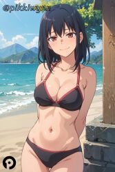 1girls ai_generated arms_behind_back beach bikini black_bikini black_hair blush breasts cleavage closed_mouth collarbone cowboy_shot day female female_only human looking_at_viewer medium_breasts medium_hair misaki_nagatoro mole mole_under_eye navel ocean outdoors pikkiwynn please_don't_bully_me,_nagatoro red_eyes sky smile solo swimsuit thigh_gap