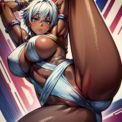 1girls ai_generated arbitrary athletic_female blue_eyes cameltoe dark-skinned_female dark_skin elena_(street_fighter) hi_res pussy_peek short_hair stable_diffusion street_fighter toned_female