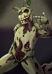 absurd_res animatronic anthro blood bodily_fluids erection five_nights_at_freddy's five_nights_at_freddy's_3 front_view genitals gore green_body hi_res imperatorcaesar kneeling looking_at_viewer machine male male_only narrowed_eyes nude open_mouth penis red_penis red_tongue robot scottgames simple_background solo springtrap springtrap_(fnaf) tapering_penis teeth tongue tongue_out yellow_body yellow_teeth