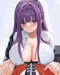 1boy 1girls breasts cleavage female fern_(sousou_no_frieren) hi_res holding_hands huge_breasts laced_fingers light-skinned_female light-skinned_male light_skin long_hair lshiki male male_pov massive_breasts pouting pov purple_eyes purple_hair sousou_no_frieren stark_(sousou_no_frieren)