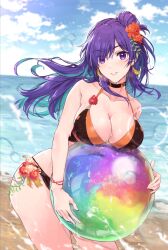 1girls alternate_costume bangs beach bikini black_bikini black_swimsuit blush breasts choker cleavage commentary_request female female female_only fire_emblem fire_emblem:_three_houses fire_emblem_heroes fire_emblem_warriors:_three_hopes hair_bun hair_over_one_eye large_breasts long_hair looking_at_viewer nintendo ocean outdoors purple_eyes purple_hair shez_(female)_(fire_emblem) shez_(fire_emblem) simple_background single_hair_bun smile solo swimsuit water yuuri_(orz_commushows)