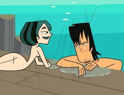 1boy 1girls 2d accurate_art_style black_hair completely_nude completely_nude_female dock female gwen_(tdi) naked naked_female nude nude_female on_side partially_submerged tagme teal_hair total_drama_island trent_(tdi) water wet