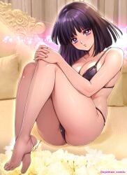 bikini bishoujo_senshi_sailor_moon black_hair cleavage hotaru_tomoe knees_on_chest large_breasts looking_at_viewer medium_breasts medium_hair oyaman purple_eyes sitting sitting_on_bed swimsuit