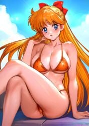 1girls bikini bishoujo_senshi_sailor_moon blonde_hair blue_eyes bow cleavage hair_ribbon huge_breasts large_breasts long_hair minako_aino oyaman sitting swimsuit voluptuous