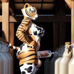 ai_generated barn big_breasts cowprint_bikini cowprint_bra cum_in_container futanari huge_balls huge_cock looking_at_viewer master_tigress penis_milking