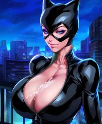 1girls after_paizuri ai_generated cattlec catwoman cityscape cleavage close-up covered_breasts cum cum_on_breasts dc dc_comics huge_breasts latex_suit looking_at_viewer skintight_bodysuit