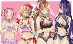4girls 5_fingers bare_shoulders big_breasts blue_eyes blush blush_lines blushing bow bows bra breasts cleavage cute_fang doki_doki_literature_club fang female female_only fidgeting finger_to_mouth finger_twiddling flat_chest flat_chested frilly frilly_skirt green_eyes hair_bow hairbow hand_on_arm hand_on_own_arm heart human lingerie lingerie_bra lingerie_only lingerie_panties long_hair monika_(doki_doki_literature_club) multiple_girls natsuki_(doki_doki_literature_club) navel one_eye_closed panties pelvic_line pelvic_lines pink_eyes pink_frilly_skirt pink_hair pink_skirt purple_eyes purple_hair puyurin red_bow red_bows red_hair_bow red_hairbow sayori_(doki_doki_literature_club) skirt star stars strawberry_blonde_hair yuri_(doki_doki_literature_club)
