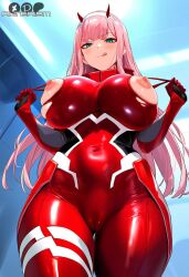 ai_generated alterism alternate_breast_size bodysuit cameltoe curvy darling_in_the_franxx eyeshadow female_focus green_eyes headband horns hourglass_figure implied_sex impossible_clothes large_breasts licking_lips light-skinned_female light_skin long_hair naughty_face nipple_slip nipples open_clothes pink_hair pulled_by_self red_eyeshadow skindentation skintight topless torn_clothes zero_two_(darling_in_the_franxx)