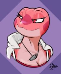 anthro artist_signature big_breasts borazilla breasts bust dogtag female jacket pink_skin red red_eyes reptile tagme way_too_fucking_blurry