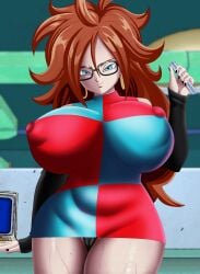 1girls android_21 android_21_(human) auburn_hair big_boobs big_breasts black_nail black_nail_polish black_nails blue_eyes blue_eyes_female breasts busty clothing computer doompypomp dragon_ball dragon_ball_fighterz eyelashes female female_only gigantic_breasts glasses hoop_earring hoop_earrings huge_boobs huge_breasts lab large_boobs large_breasts looking_at_viewer looking_down looking_down_at_viewer milf mother nipples nipples_visible_through_clothing orange_hair scientist smile solo striped_clothes striped_clothing striped_dress sweat sweatdrop sweating sweaty sweaty_thighs thick_thighs thighs wide_hips wife