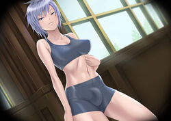 bike_shorts blue_eyes blue_hair bulge electricsheep erect_nipples final_fantasy final_fantasy_type-0 futanari gym_shorts human intersex medium_breasts midriff pale_skin seven_(fft-0) short_hair shorts solo_futa sports_bra sportswear toned