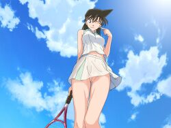 athletic_female detective_conan female_only flashing ineffective_clothing no_panties perky_breasts ran_mouri see-through_clothing see-through_skirt sky tagme tennis_racket tennis_uniform