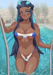 1girls alternate_version_available big_breasts bikini bikini_bottom bikini_top black_hair blue_eyes breasts cleavage dark-skinned_female dark_skin ear_piercing earrings eyeshadow female female_only game_freak hair hips hoop_earrings kazibar lips long_hair micro_bikini nessa_(pokemon) pokemon pokemon_ss pool poolside solo solo_female swimwear thighs water