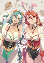 2girls :d alternate_costume animal_ears aqua_hair bare_shoulders breasts bunny_ears bunny_girl bunnysuit chloe_(fire_emblem) chloe_(spring)_(fire_emblem) choker cleavage commentary_request cordelia_(fire_emblem) cordelia_(spring)_(fire_emblem) detached_sleeves fake_animal_ears female female_only fire_emblem fire_emblem_awakening fire_emblem_engage fire_emblem_heroes gloves green_eyes grey_background hairband large_breasts long_hair looking_at_viewer medium_breasts multiple_girls nintendo official_alternate_costume open_mouth pantyhose pink_pantyhose puffy_short_sleeves puffy_sleeves purple_eyes rabbit_ears red_hair see-through see-through_sleeves short_sleeves smile very_long_hair white_gloves white_hairband white_pantyhose yusi_vishnu