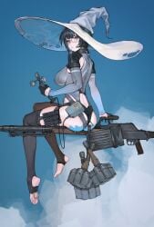 collar female female_only glasses gloves gun iuui looking_at_viewer looking_back revealing_clothes stirrup_legwear stockings tagme thong tight_clothing wearing_glasses witch_hat