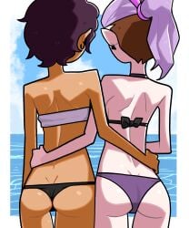 2girls amity_blight arms_behind_back ass back_view bikini brown_hair canon_couple chocolate_and_vanilla earrings female female_only latina lavender_hair luz_noceda n___k___m pointy_ears purple_bikini purple_hair rear_view sea short_hair swimsuit the_owl_house the_owl_house_(finale) two_tone_hair witch yuri