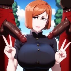 a_ibooba ai_generated big_breasts big_penis black_penis cock_worship huge_breasts jujutsu_kaisen kugisaki_nobara large_breasts peace_sign surrounded_by_penises