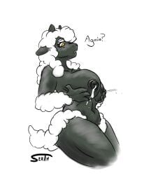 amber_eyes big_breasts bodily_fluids bovid breasts caprine curvy_figure embarrassed ewe female fluffy fluffy_tail fur hi_res holding_breast horn lactating mammal milk nipples serth sheep solo tail text voluptuous wide_hips wool_(fur)