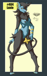 2012 anthro breasts claws collaboration digitigrade feline female fur furry luxio mingchee navel nipples notorious84 nude pinup plain_background pokemon pokemorph pussy smile solo standing the_pokedex_project yellow_eyes