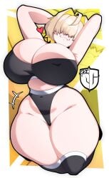 1girls 2020s 2024 2d 2d_(artwork) :3 arms_behind_back bangs bangs_over_eyes barely_clothed big_breasts big_thighs black_clothing blonde_hair bra breasts child_bearing_hips cleavage covered_nipples covered_pussy cute_fang elegg_(nikke) fang female female_focus female_only goddess_of_victory:_nikke hair_over_eyes hi_res highres hips hourglass_figure huge_breasts igxxiii kneehighs large_breasts large_thighs simple_background smug smug_face socks solo solo_female solo_focus sports_bra sports_panties thick_thighs thighs thong two_tone_hair wide_hips