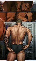 ass back_muscles back_view bara blush call_of_duty call_of_duty_modern_warfare_2_(2022) comic do_not_repost gay john_mactavish locker_bench locker_room male/male muscular scars_all_over simon_riley staring suggestive umikochannart yaoi