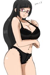 arc_system_works bare_shoulders black_bra black_hair black_panties blazblue blazblue:_calamity_trigger blush bra breasts cleavage female glasses hair_down huge_breasts lace lace-trimmed_bra lace-trimmed_panties lace_trim litchi_faye_ling long_hair navel panties red_eyes semi-rimless_eyewear solo strap_gap under-rim_eyewear underwear underwear_only very_long_hair yuuya_(blue_scarab)