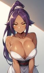 1girls ai_generated alternate_breast_size big_breasts bleach bleach:_sennen_kessen-hen bleach:_the_thousand-year_blood_war bleach_brave_souls breasts cleavage dark_skin dress female female_only jorgecarlosai long_hair purple_hair shihouin_yoruichi shinigami solo tagme yellow_eyes