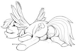 1girls anus ecmajor equine female female_ejaculation friendship_is_magic hoofjob_(forelimbs) masturbation monochrome my_little_pony orgasm pegasus pussy rainbow_dash_(mlp) sketch solo straight_hair wings