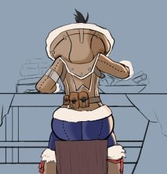 big_ass big_butt big_thighs black_hair capcom eating fire fireplace handler_(monster_hunter_world) jeans monster_hunter monster_hunter_world nerd nerdy_female reading snow the_handler thick thick_ass thick_thighs tryedge30