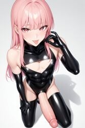 1boy ai_generated blush blush femboy hung_trap latex latex_bodysuit latex_clothing latex_gloves latex_legwear latex_stockings latex_suit latex_thighhighs long_hair looking_at_viewer pink_eyes pink_hair sitting sitting_down sitting_on_floor skinny tongue tongue_out