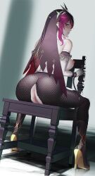 1girls anus blush boots breasts censored chair detached_sleeves female fishnet_legwear fishnet_stockings fishnets from_behind genshin_impact high_heel_boots high_heels hood looking_at_viewer looking_back medium_hair mosaic_censoring nipples pink_hair pussy rdy red_eyes rosaria_(genshin_impact) sitting solo solo_female torn_clothes torn_legwear