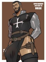 1boy bara barazoku beard big_bulge bulge castlevania castlevania_(netflix) clothing erection erection_under_clothes facial_hair gay hairy huge_bulge looking_at_viewer lupin_barnabi male male_focus male_only manly mizrak muscular_male penis penis_outline solo solo_male tight_clothing yaoi