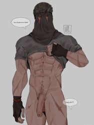 1boy abs activision balls blue_eyes bracelet call_of_duty call_of_duty_modern_warfare_2_(2022) cock fingerless_gloves helmet könig konig looking_at_viewer male male_only masked_male military muscles muscular_male nipples partially_retracted_foreskin penis precum precum_drip pubic_hair pulling_up_shirt scars scars_all_over shirt_lift speech_bubble testicles treasure_trail val