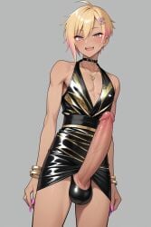 1boy ai_generated black_dress blonde_hair blonde_hair blonde_hair_male dress dress_lift femboy gold_dress gyaru gyaru-oh_femboy huge_cock hung_trap nail_polish nails nails_painted pink_eyes short_hair