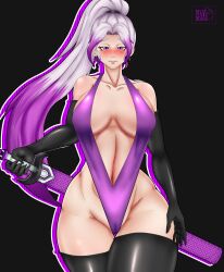 1girls big_breasts big_butt big_thighs black_gloves black_nails black_stockings blush blush earrings eva_finley female female_focus female_only gloves latex latex_suit original original_character ponytail purple_eyes purple_hair radiant_artist shy stockings sword white_hair