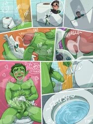 2boys asphyxiation balls bara bara_tits barazoku bathrom beast_boy beast_boy_(teen_titans) big_balls big_penis blush boner clothing comic completely_nude completely_nude_male cum cum_drip cum_dripping_from_penis dc dc_comics dick_grayson drowning drowning_in_cum english_text erection foreskin garfield_logan gay genital_fluids giant green_body green_hair green_skin hand_on_penis hard_on implied_death male male/male male_focus male_nipples male_only male_pubic_hair manly masturbation muscular muscular_male nipples nude orgasm penis pinecone_chicken pubic_hair pubic_hair_in_foreskin robin_(dc) robin_(dick_grayson) taking_clothes_off teen_titans text tight_clothing toilet touching_penis unaware unretracted_foreskin yaoi