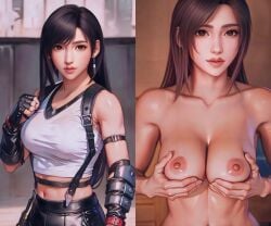 ai_generated ai_reworked big_breasts black_hair celebcartoonizer final_fantasy final_fantasy_vii final_fantasy_vii_remake holding_breast multiple_images presenting_breasts realistic red_eyes tifa tifa_lockhart