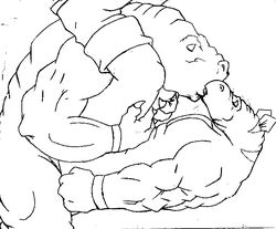 artist_request bara extreme_dinosaurs kissing line_art male male_only monochrome muscle muscular muscular_male sex stegz_(extreme_dinosaurs) t-bone_(extreme_dinosaurs) tagme yaoi