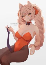 :3 animal_ears bare_shoulders black_pantyhose bow bracelet braid breasts cat_ears choker cleavage collarbone covered_navel ebiko_(vtuber) female fishnet_pantyhose fishnets jewelry large_breasts leotard long_hair looking_at_viewer necktie orange_eyes pantyhose pinkuletti ring simple_background sitting smile solo strapless strapless_leotard very_long_hair virtual_youtuber white_background