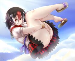 big_butt black_hair butt huge_butt large_breasts large_butt long_hair midair plump seija_kijin skirt small_horns smile streaked_hair thick_thighs touhou white_hair