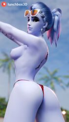 3d ass bikini blender breasts highres jewelry large_ass large_breasts looking_at_viewer lunchbox_3d nipples overwatch overwatch_2 panties purple_hair purple_skin solo tagme tattoo thighs toned underwear widowmaker