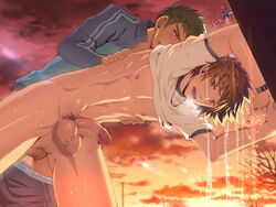 2boys anal bent_over black_monkey blackmonkey_pro blue_eyes bottomless brown_eyes brown_hair clouds faucet gay glans gym_uniform male multiple_boys necklace nipples open_mouth outdoors penis school schoolboy sex shirt_lift student sunset testicles tree uncensored water white_t-shirt yaoi