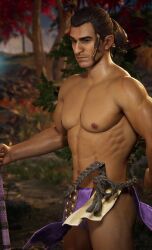 1boy 1human 1male 3d 3d_(artwork) 3d_model abs dark_brown_hair edenian haviksluz mage male male_focus male_only mortal_kombat mortal_kombat_1_(2023) muscular netherrealm_studios pecs rain_(mortal_kombat) scantily_clad solo solo_focus solo_male tan-skinned_male tan_skin