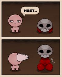 awooga big_breasts comedy isaac_(the_binding_of_isaac) keelpowah red_skin saggy_breasts skull slightly_chubby the_binding_of_isaac thick_thighs