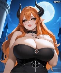 1girls 48xx97 ai_generated black_nails black_sclera choker cleavage clothed covered_nipples crossed_bangs dress goth horns huge_breasts large_breasts long_hair looking_at_viewer orange_hair outdoors pointy_ears runny_makeup smug